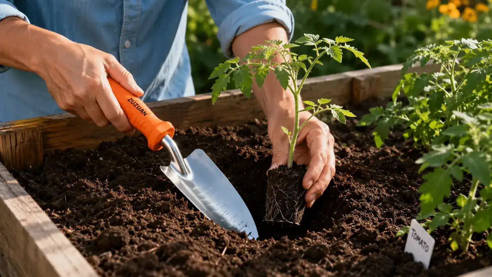 Hand gripping an aluminum trowel while pressing into clay-heavy garden soil