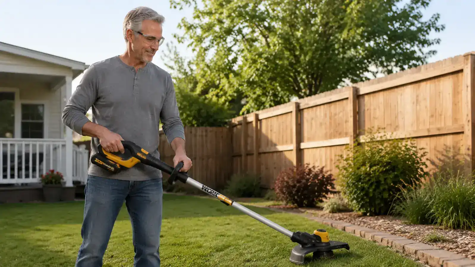 Close-up of a WORX cordless string trimmer trimming along a sidewalk edge