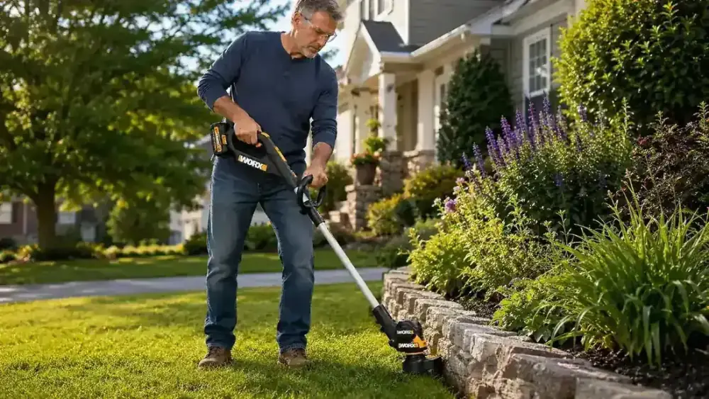WORX trimmer battery being clicked into the tool on a patio table