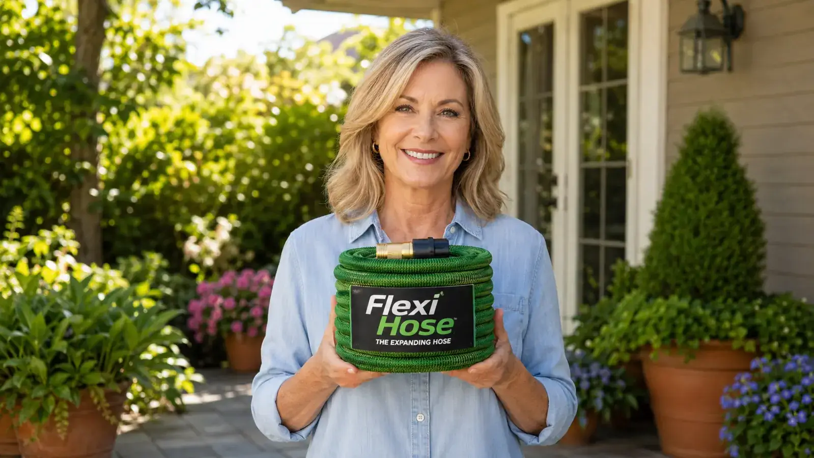Flexi Hose 50FT expandable garden hose coiled compactly beside a spigot