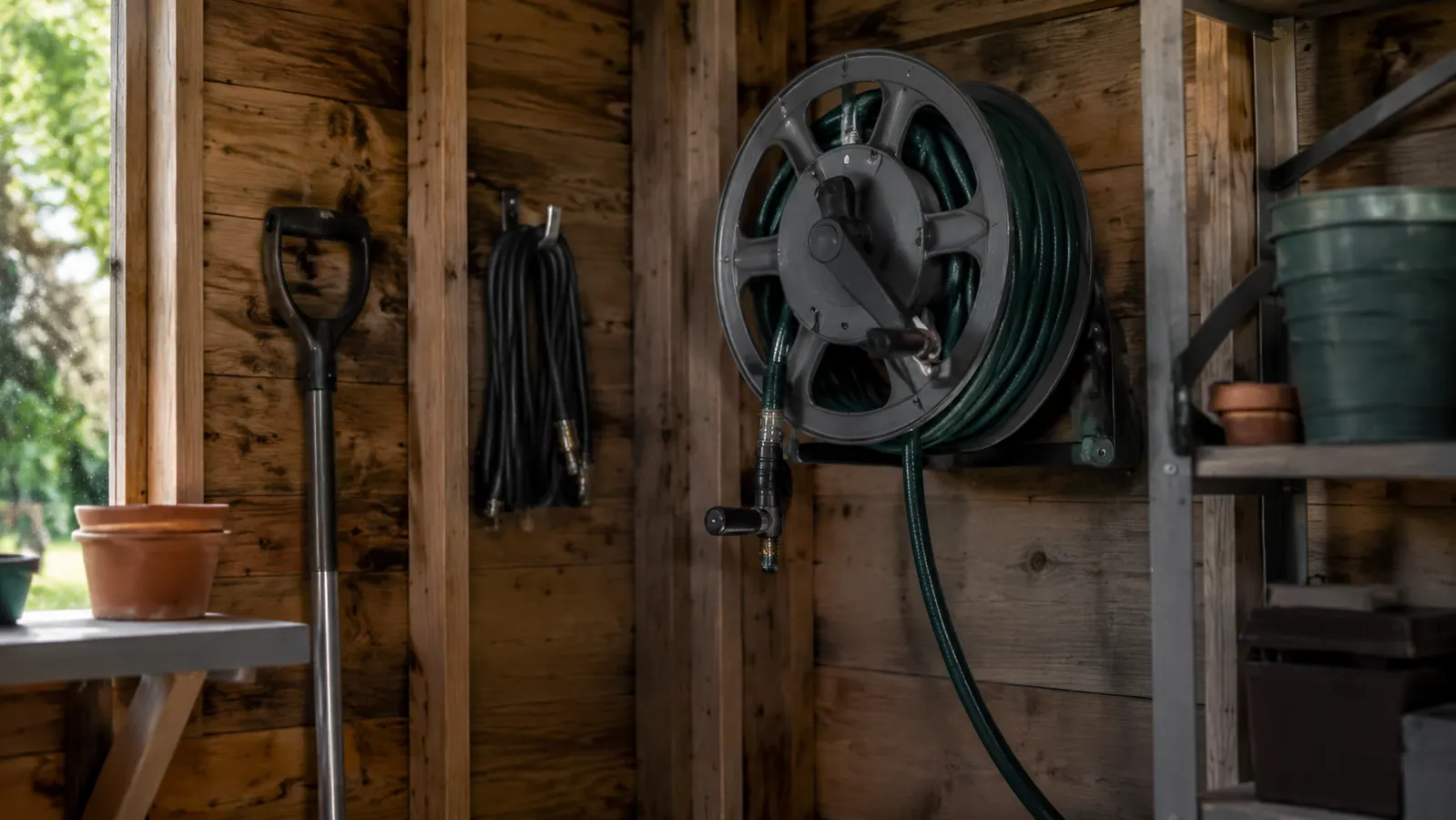 Side-by-side comparison of a bulky rubber hose versus a compact expandable hose in a storage bin