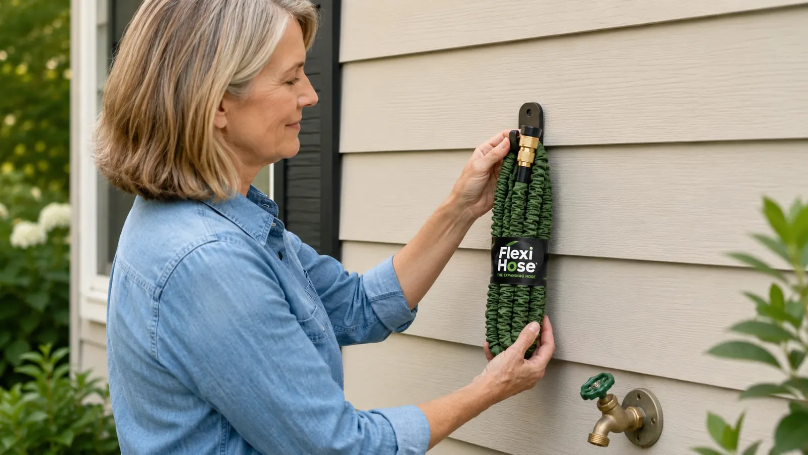 Close-up of expandable hose brass fittings attached to an outdoor spigot