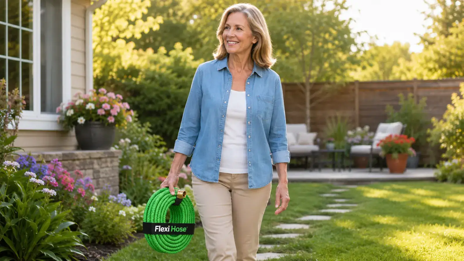 Woman carrying the Flexi Hose expandable hose with one hand across a garden bed
