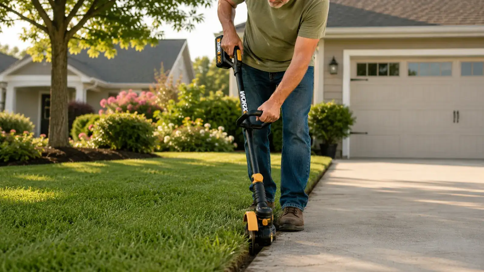 WORX cordless string trimmer held vertically in edging position along a driveway border
