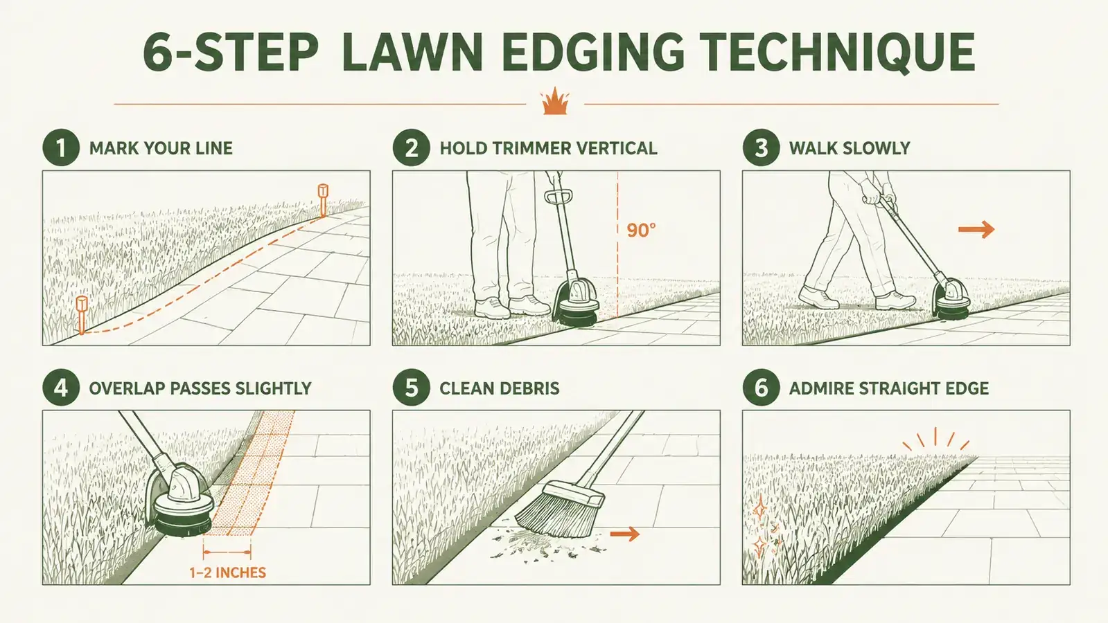Diagram showing the correct 90-degree cutting line angle for lawn edging versus the wrong angled slash