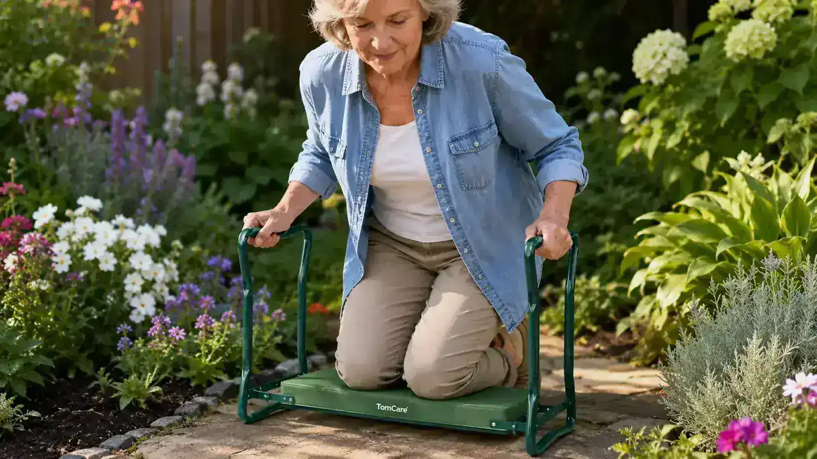 TomCare garden kneeler and seat with tool pouches on both sides, shown in a backyard garden setting