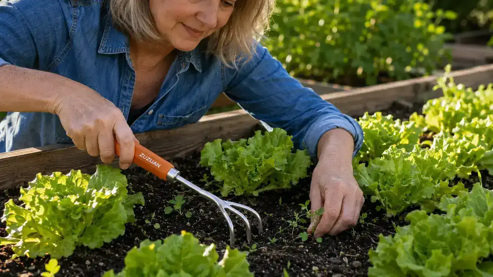 Gardener using a three-tine hand cultivator to loosen compacted soil between young vegetable plants