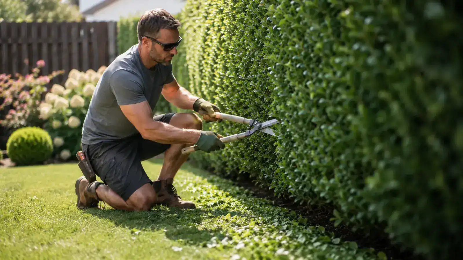 Gardener kneeling beside a neatly shaped boxwood shrub in a suburban front yard, holding pruning shears, late afternoon garden light