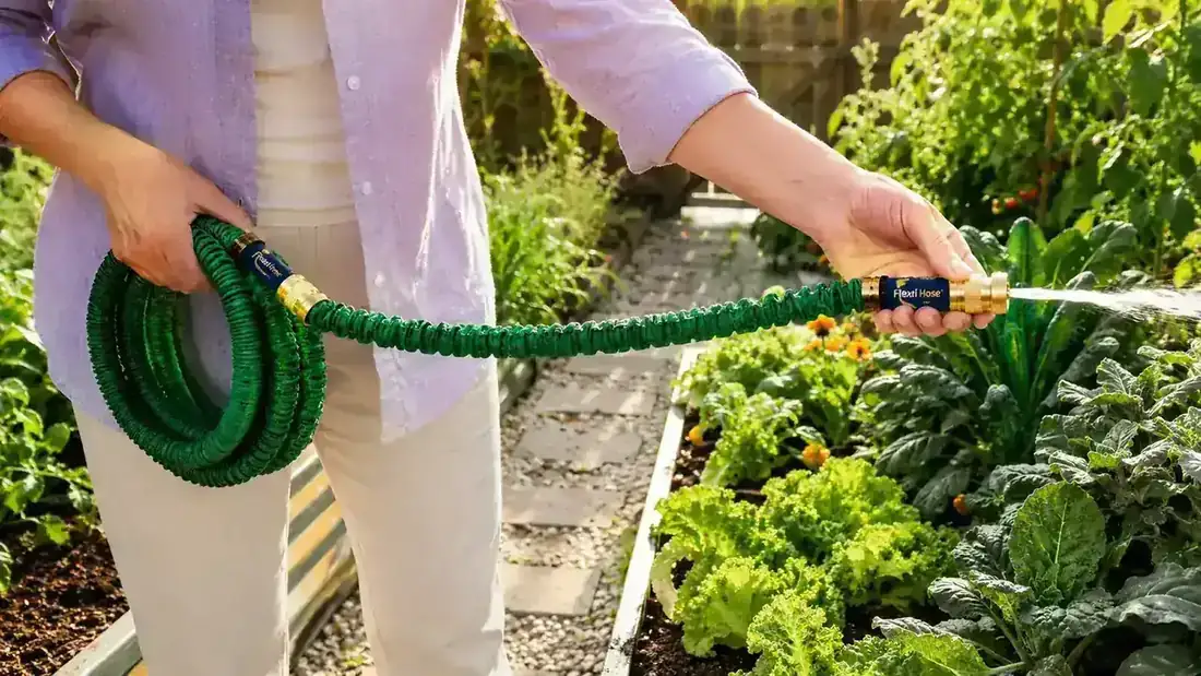 Close-up of hands connecting an expandable garden hose to an outdoor spigot
