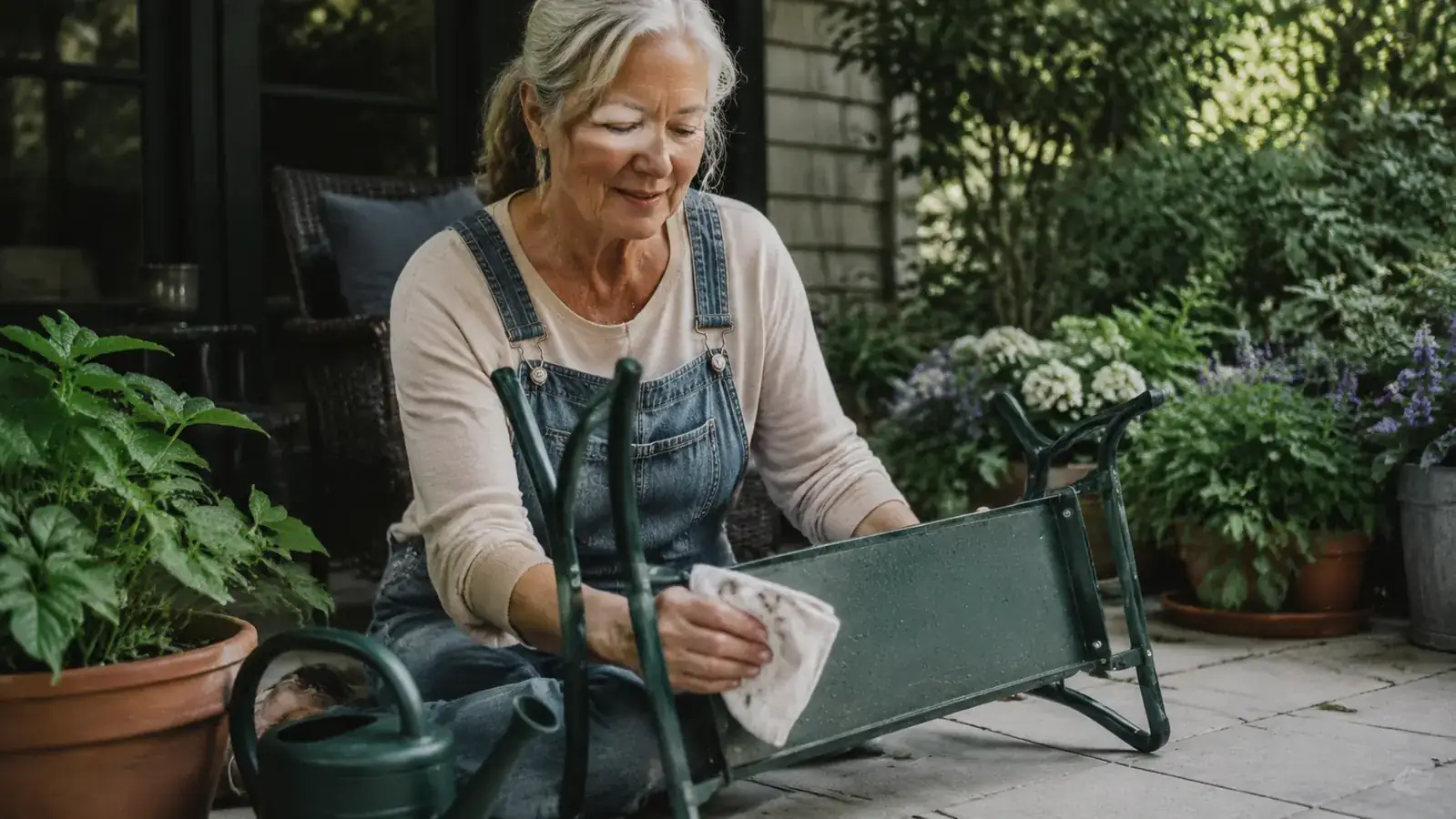 Woman sitting on the TomCare kneeler flipped to bench mode while repotting a tomato seedling on a patio in afternoon sun
