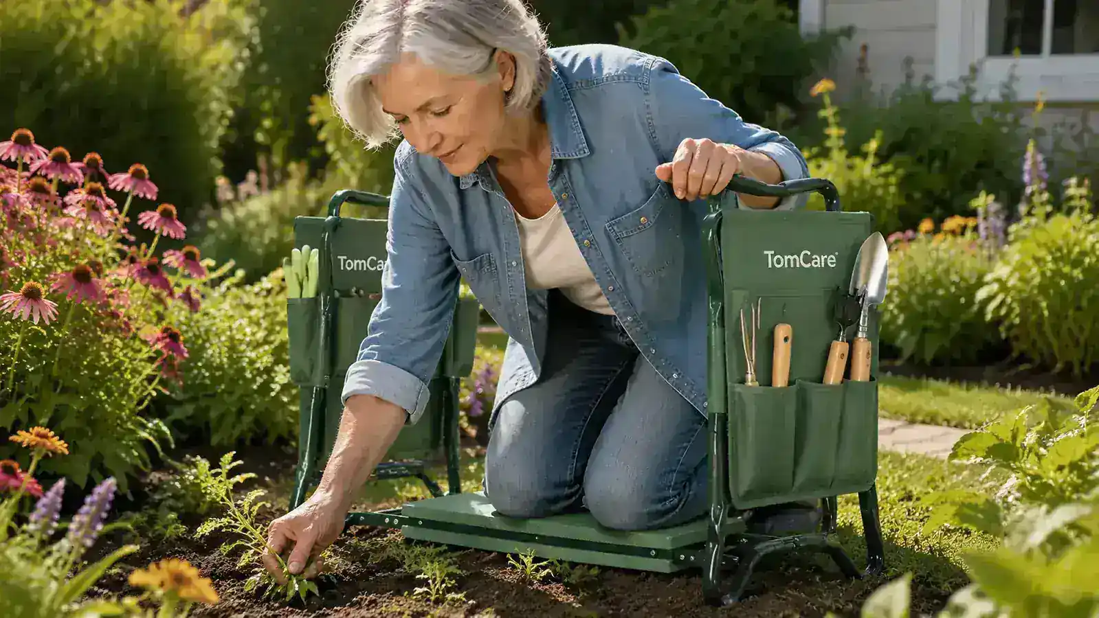 TomCare garden kneeler folded into seat position with garden hand tools in the side pouches, sitting on a concrete patio