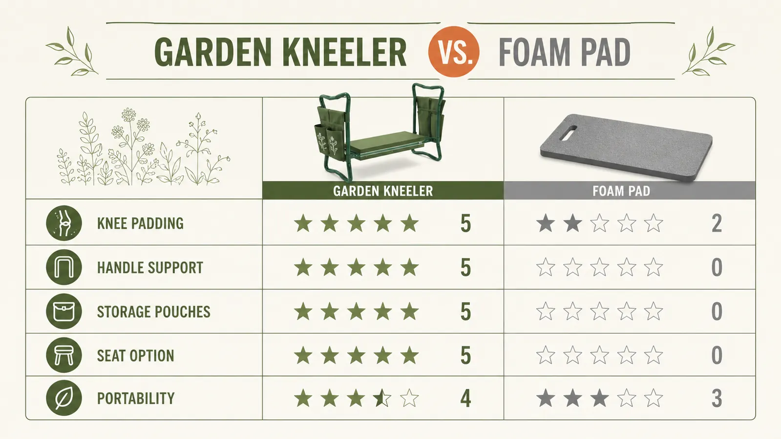 Side-by-side comparison chart of TomCare kneeler seat versus a plain foam kneeling pad across eight key specs