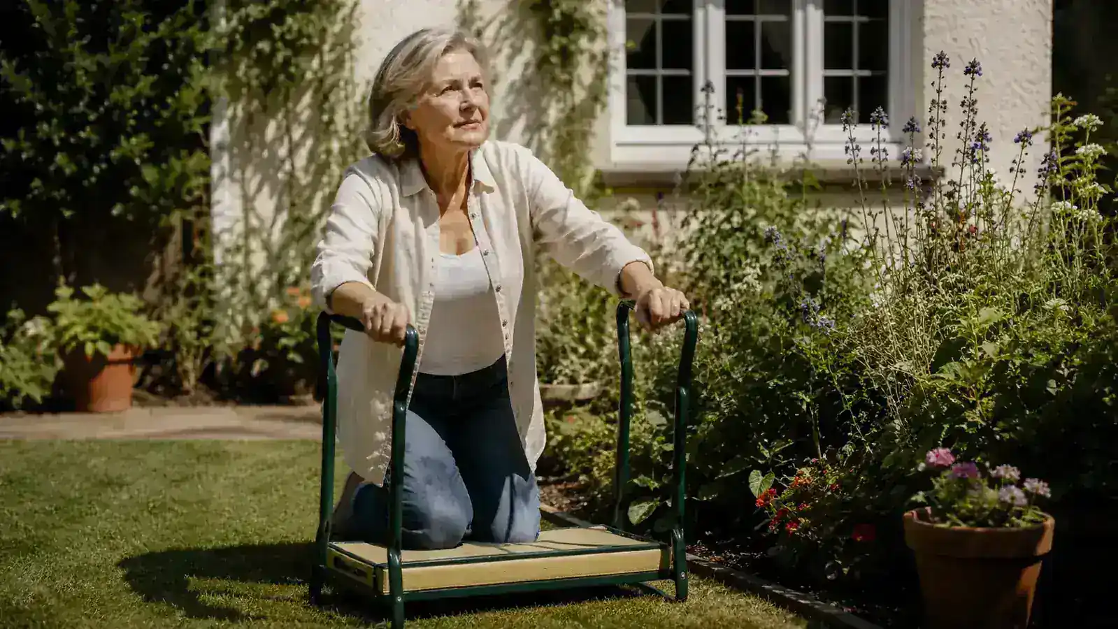 Older man sitting on an inverted garden kneeler used as a low garden bench while planting bulbs in a garden bed