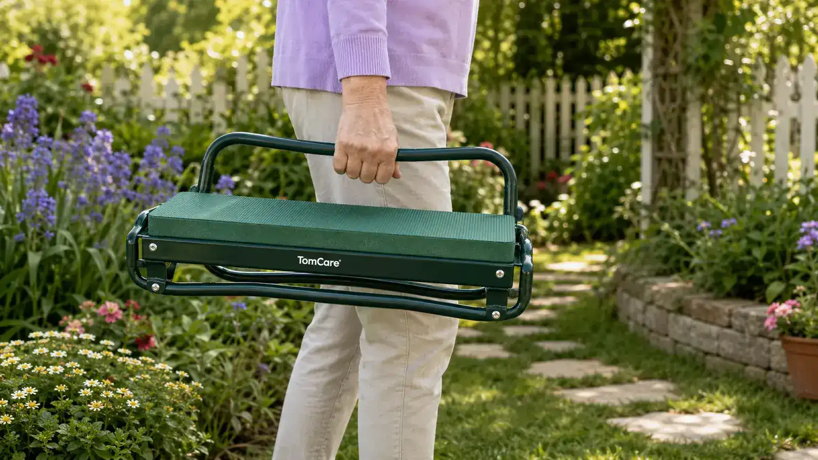Close-up of a woman's hand pressing down on the thick foam kneeling pad of a garden kneeler, showing how soft and wide the pad is
