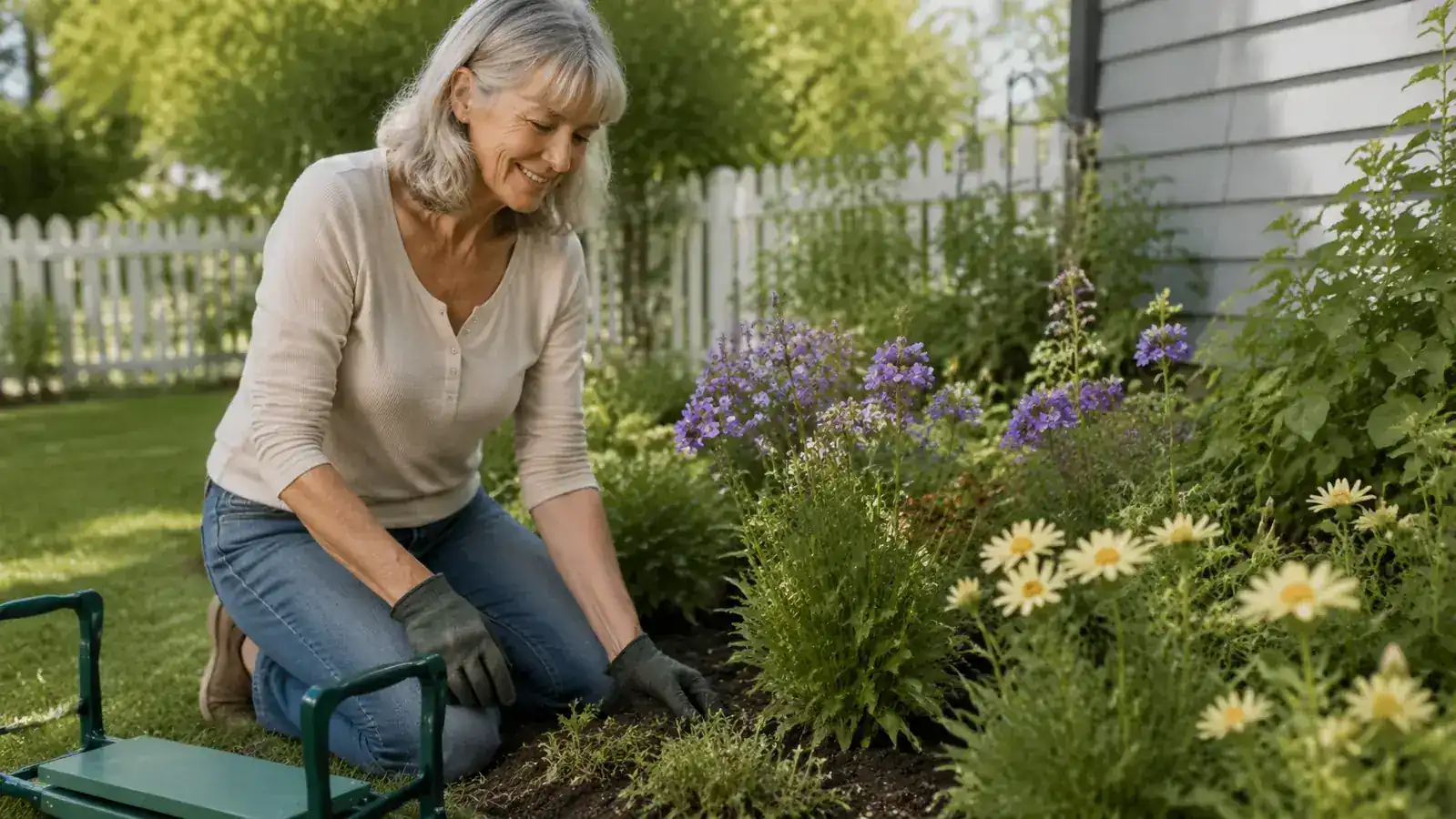 A gardener using the TomCare kneeler handles to push herself up from the ground, tool pouches visible on the sides
