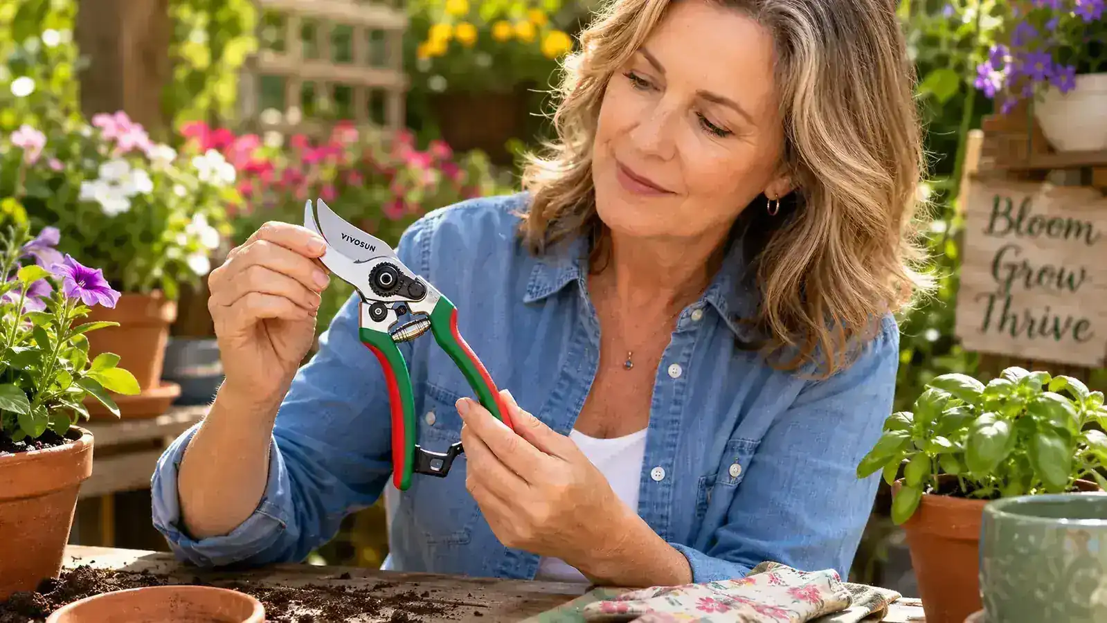 Hand holding VIVOSUN pruning shears to cut a thick rose cane showing the bypass blade action close up
