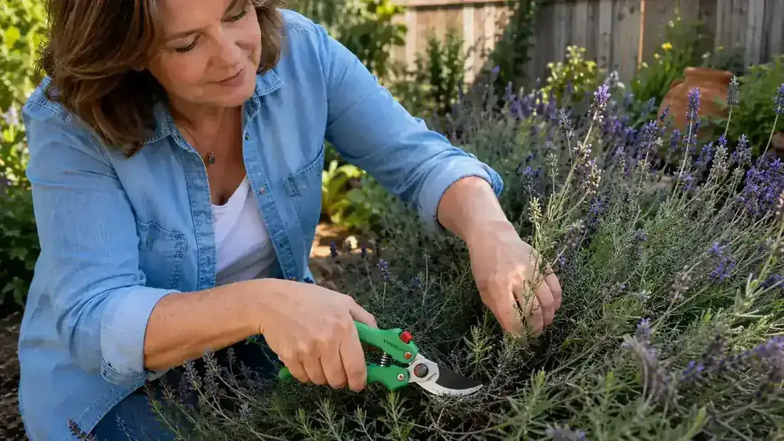 VIVOSUN pruner blade being cleaned with a cloth after use in a garden, oil bottle nearby