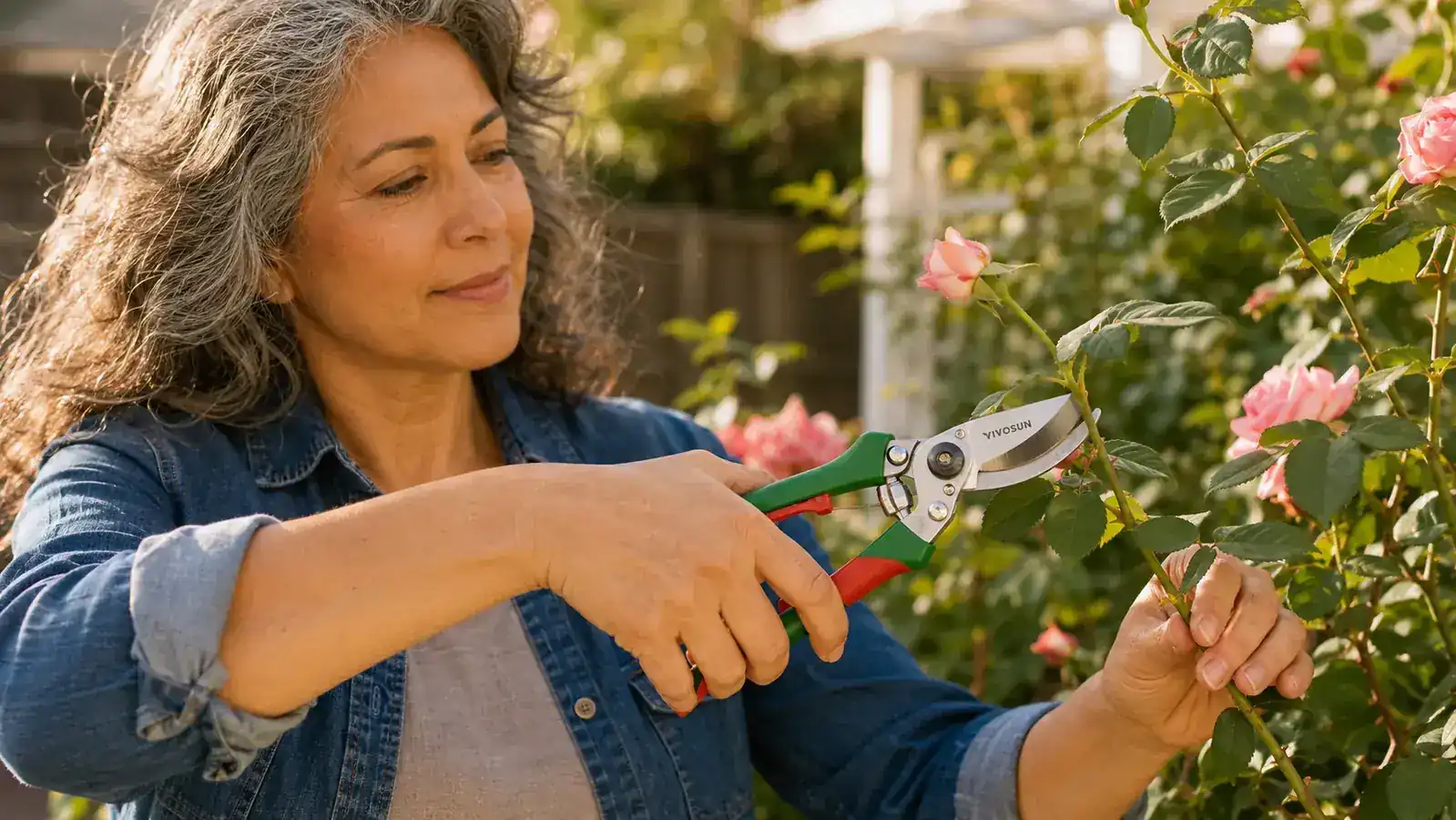 Close-up of VIVOSUN pruning shears blades cutting a green herb stem over a raised garden bed
