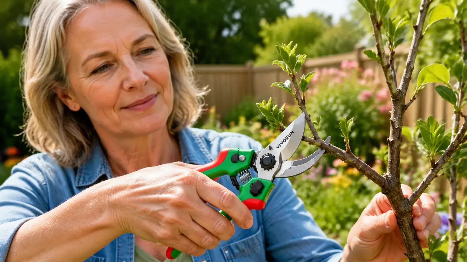 Hand holding VIVOSUN pruning shears while cutting a woody shrub stem cleanly
