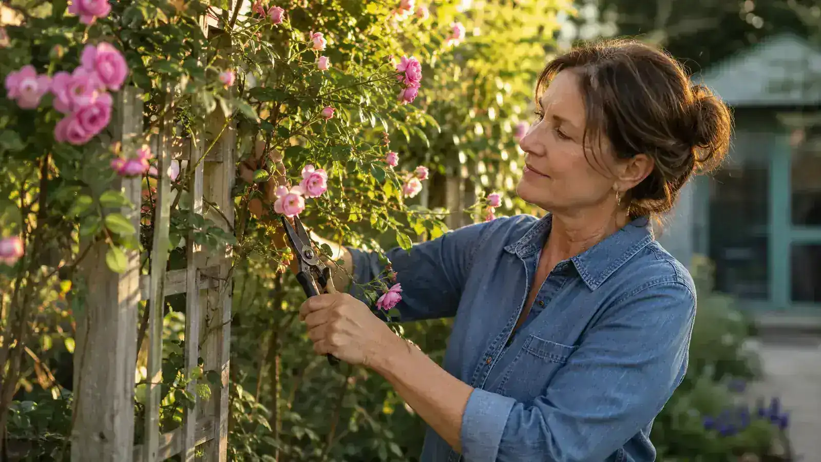 Gardener kneeling in a flower bed with pruning shears trimming overgrown rose bushes