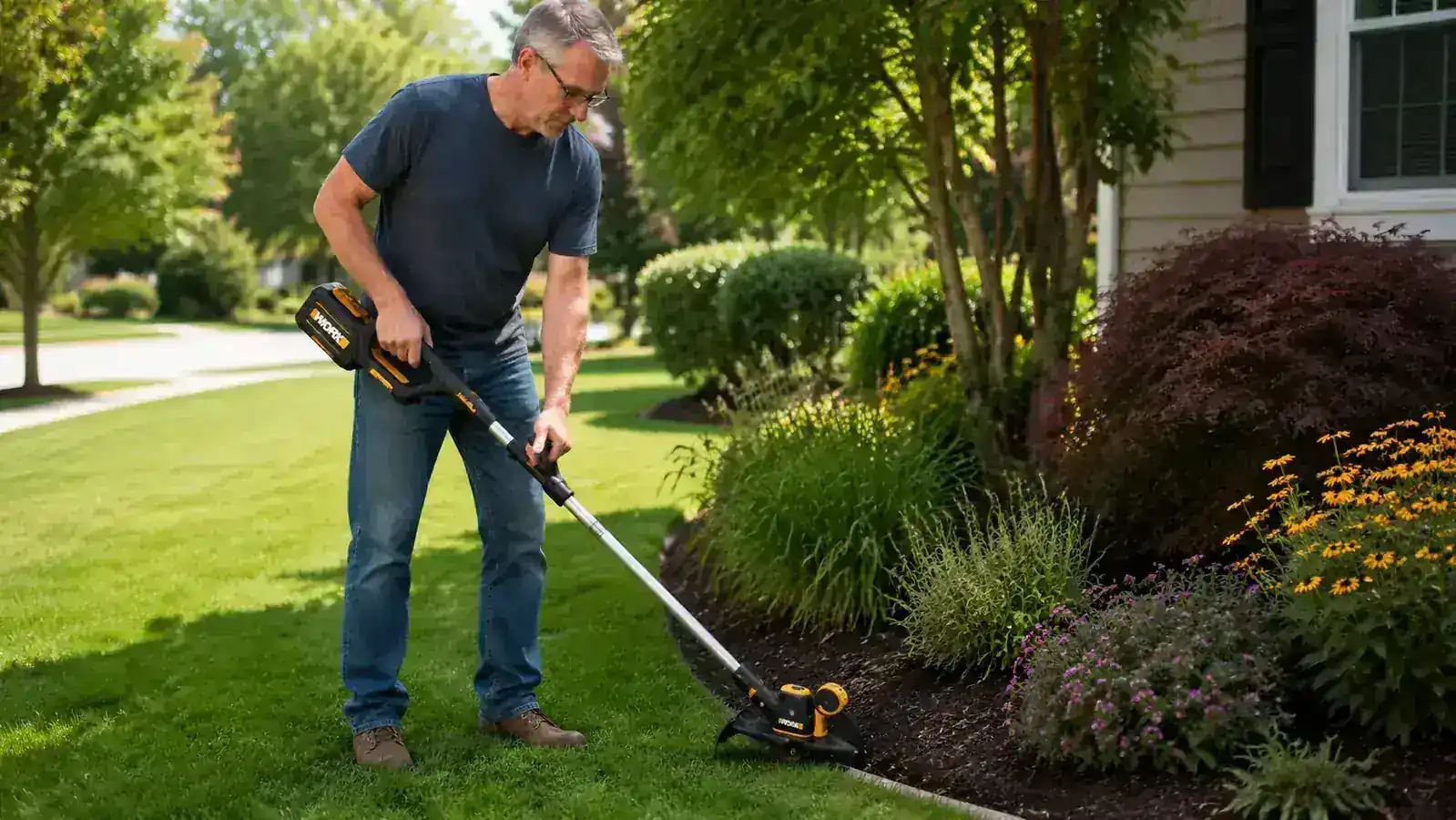 WORX 20V cordless string trimmer held in gloved hands, head rotated to edger position, close-up