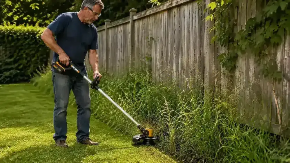 WORX 20V cordless trimmer being used to edge along a driveway border, operator's hand visible