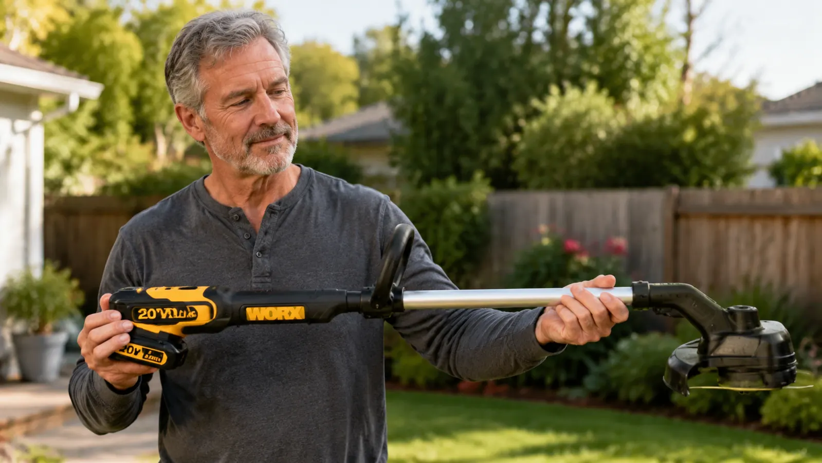 Close-up of a WORX 20V cordless string trimmer head showing the Command Feed line spool and cutting guard