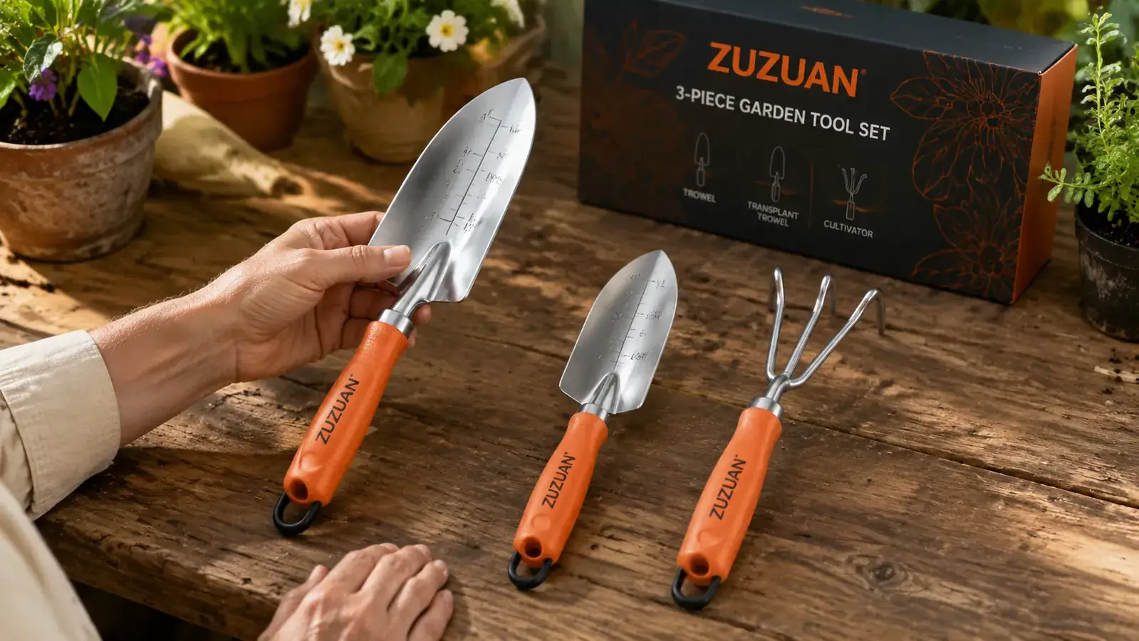 Close-up of a gloved hand gripping the ZUZUAN trowel rubber handle, showing the textured grip surface and the aluminum blade resting on soil