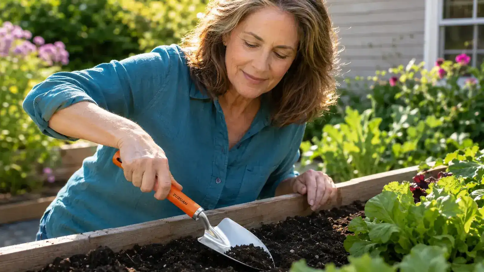 Hand gripping a ZUZUAN trowel with an ergonomic rubber handle, scooping dark soil in a raised garden bed