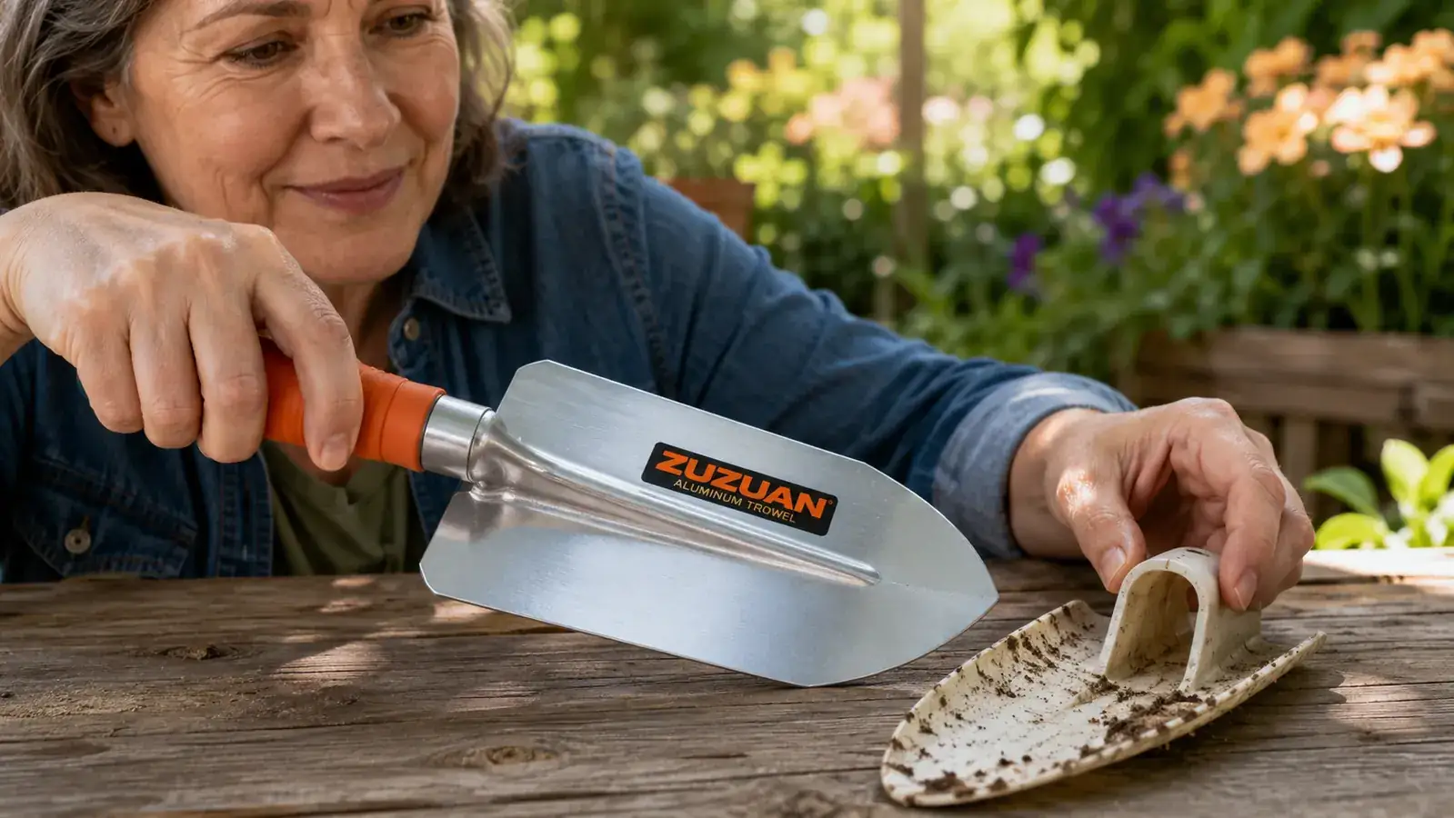 Hands using the ZUZUAN aluminum trowel to scoop compost into a raised cedar garden bed